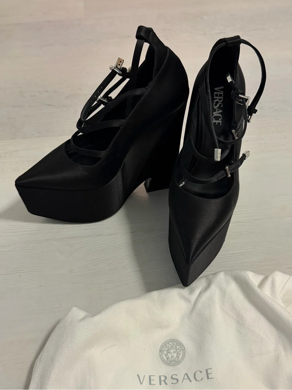 Versace Black Satin Platform Wedge Heels with Ankle Straps